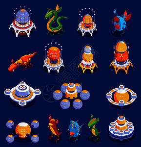 五颜六色的卡通集可爱的怪物外星生物星际飞机为儿童游戏矢量插图图片