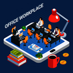 商务人士等距背景与办公室家具办事员平板电脑屏幕矢量插图之上商业工作场所背景图片