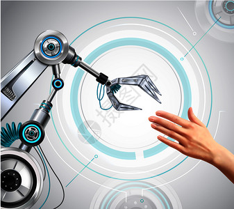 人触摸机器人手臂人的手伸出彼此真实的构图,高科技背景矢量插图插画