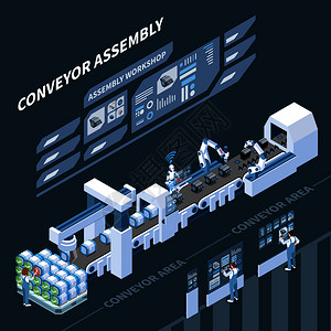 智能制造等距成与全息控制板的装配输送机黑暗背景矢量插图背景图片
