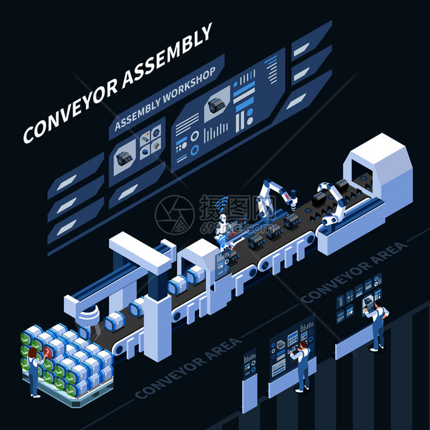 智能制造等距成与全息控制板的装配输送机黑暗背景矢量插图图片