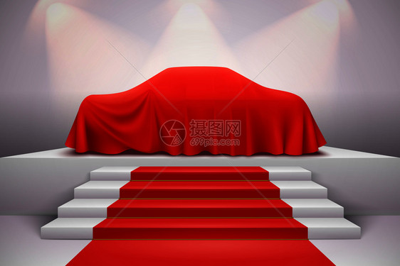 豪华汽车覆盖红色丝绸披布演示讲台上与楼梯地毯现实矢量插图图片