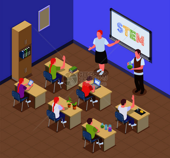 茎教育等距构图与教室室内风景孩子坐课桌与教师人物矢量插图图片