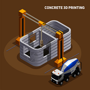 混凝土生产等距成与三维打印建筑正建设与水泥搅拌车矢量插图图片
