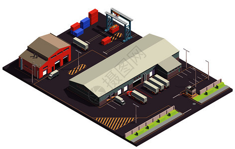 工业建筑等距成与公园,货物装卸,车库,卡车集装箱与重机机械手矢量插图图片