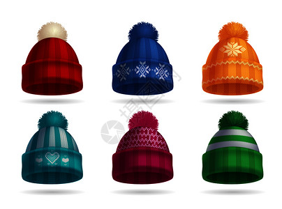 冬季针帽子写实套与帽子手套隔离矢量插图图片