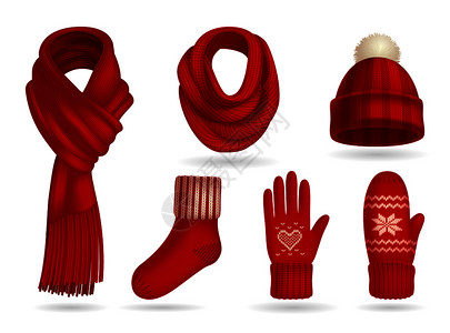 冬季红色针服装写实套带手套围巾孤立矢量插图图片