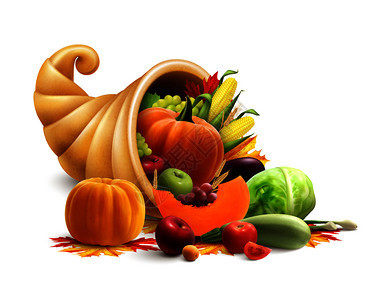感恩节金色喇叭的丰富与玉米花充满蔬菜水果生产矢量插图图片