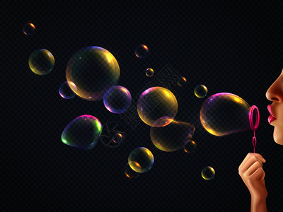 女孩肥皂泡与彩虹反射透明背景现实矢量插图图片