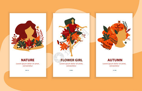 秋季女孩的美丽与花卉装饰,平着陆作文为移动应用程序矢量插图图片