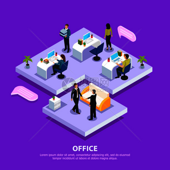 工作场所商务会议期间的办公室工作人员紫色背景矢量插图上的等距构图图片