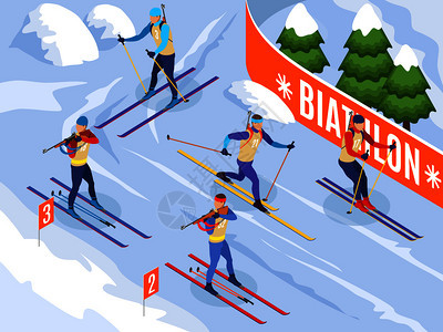 冬季体育双项比赛等距构图与越野滑雪步选手背景矢量插图