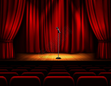 写实剧场舞台与木地板红色窗帘麦克风座位观众矢量插图图片