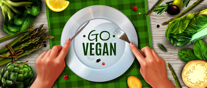 纯素现实的顶部视图广告海报与手持餐具手盘绿色蔬菜广场矢量插图图片