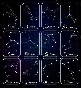 占星术星座星座星座12个迷你横幅卡片深蓝色背景孤立矢量插图图片