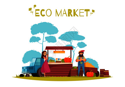 人的格园艺收获生态市场卡通构图上的蓝白背景矢量插图图片