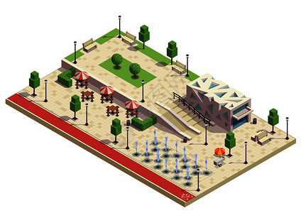 城市公园基础设施等距成与干喷泉户外咖啡馆家具现代公共建筑矢量插图图片