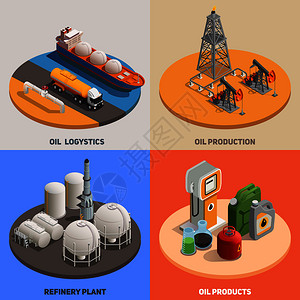 石油生产物流炼油厂4号等距彩色背景图标方形石油工业孤立矢量插图图片
