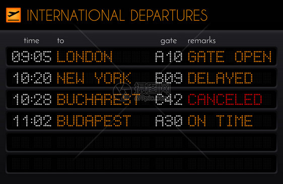 电子机场板现实成与国际飞时间大门备注描述矢量插图图片