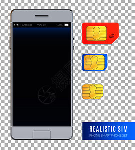 彩色现实的sim手机智能手机图标与各种大小的sim卡的设备矢量插图图片