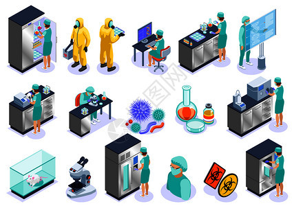 微生物学分离等距图标与科学雇主显微镜实验室生物化学矢量插图图片