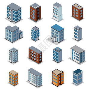 联排别墅建筑图标与城市景观等距孤立矢量插图图片