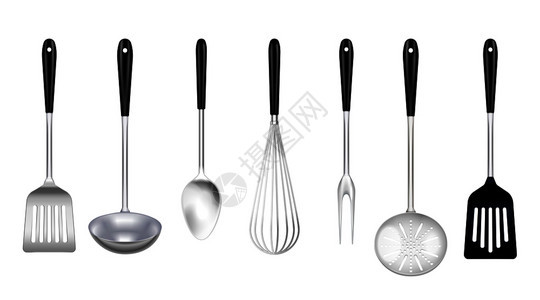 厨房锈钢工具逼真与烹饪叉子,开槽,特纳,撇勺,搅拌隔离矢量插图图片
