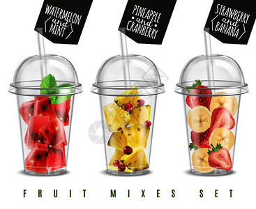 水果混合3现实的夏季小吃塑料璃服务西瓜菠萝草莓香蕉矢量插图水果混合写实套装图片