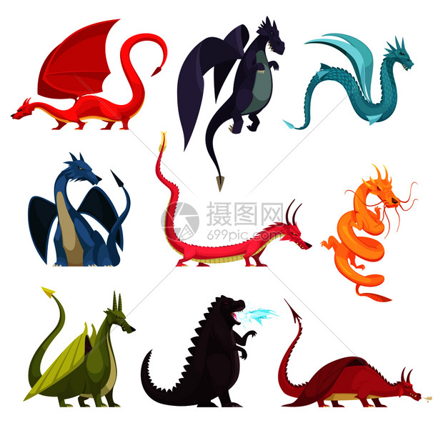 趣的彩色火呼吸龙怪物奇怪的蛇像生物平卡通图标矢量插图