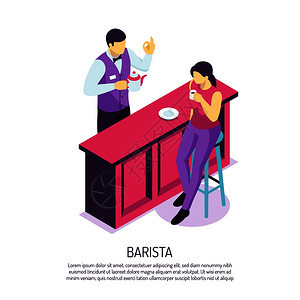 咖啡师与茶壶附近的酒吧办公桌,客户服务期间,白色背景等距矢量插图图片