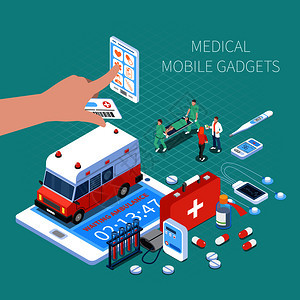 用于健康监测呼叫救护车等距成的医疗移动小工具绿松石背景矢量插图医疗移动小工具等距成图片