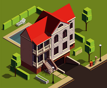 郊区建筑等距成与室外风景两层居住房屋与院子树木矢量插图图片