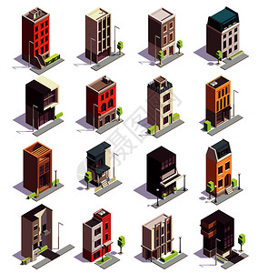 联排别墅建筑等距16个彩色建筑与多层现代建筑矢量插图图片