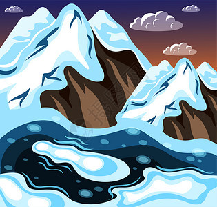 冬季景观雪山融化的湖泊背景上的天空云等距矢量插图图片