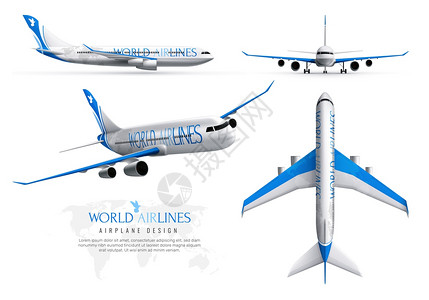 飞机现实身份集的世界航空公司各种视图孤立矢量插图图片