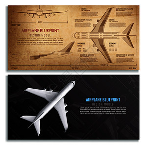 飞机蓝图两个水平横幅与尺寸绘制的客机现实矢量插图图片