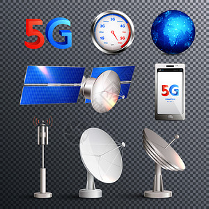 现代移动互联网技术透明的孤立元素集,促进5g标准逼真矢量图的信号传输图片