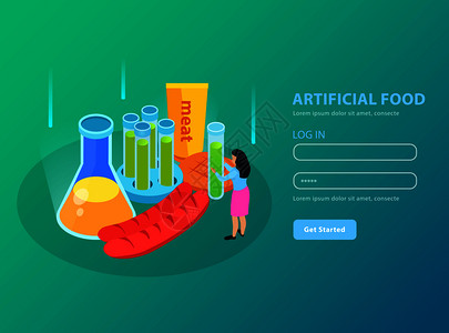 人工食品基因肉制品化学设备上梯度绿松石背景等距矢量插图图片