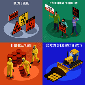 生物放射废物4等距图标与环境保护积极分子危险标志矢量插图图片