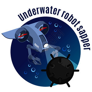 用机器人圆形背景与水下机器人萨珀图像中矿井等距矢量插图图片