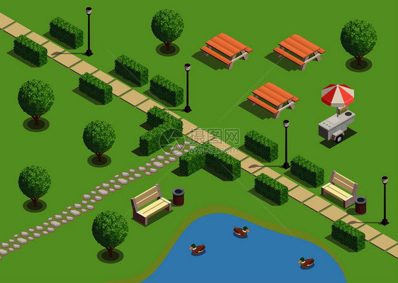 城市公园游憩区等距构图与路径池塘鸭户外家具灯笼小吃供应商矢量插图图片