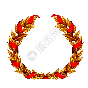 胜利的金桂冠花环与红色丝带现实标志交白色背景矢量插图上图片