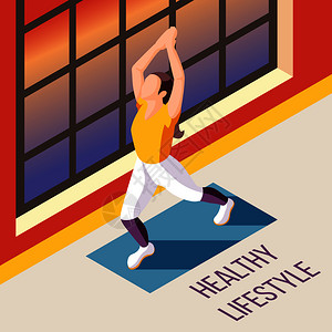 健康生活方式等距背景与轻女健身房矢量插图中进行健身锻炼图片