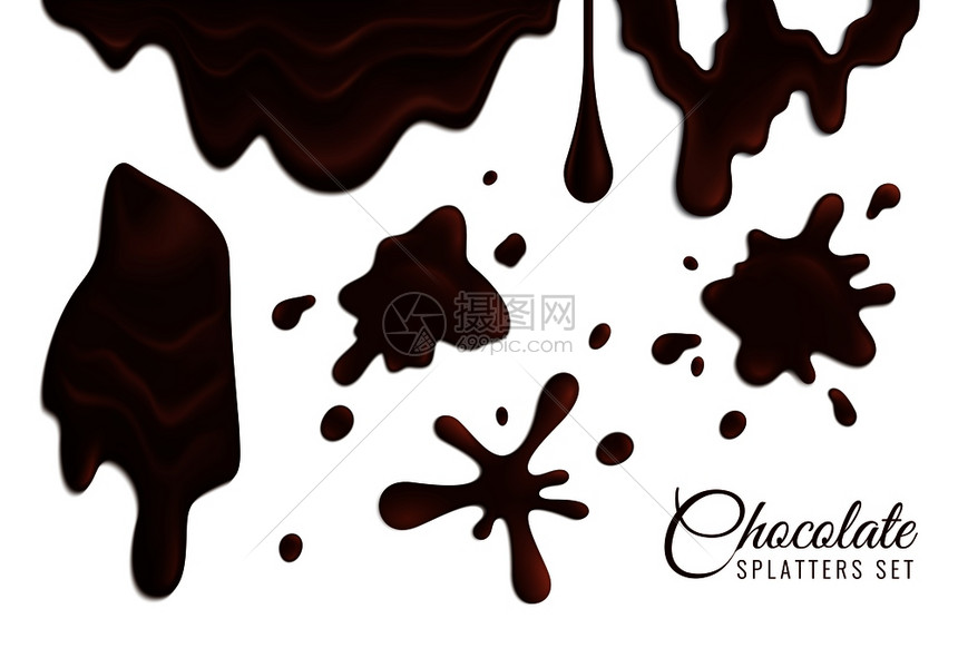 融化黑巧克力飞溅的现实隔离白色背景矢量插图图片