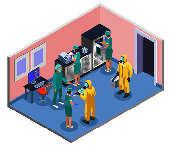 微生物学等距彩色成与科学家实验室外套医学具矢量插图图片