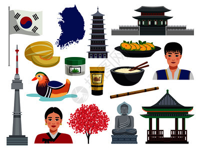 韩国旅游集符号图标,文化价值观,食物人口矢量插图图片