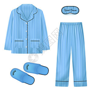 睡衣写实套蓝色与拖鞋眼罩睡眠睡衣孤立矢量插图图片