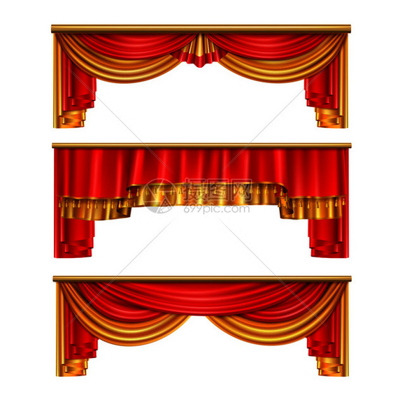 豪华窗帘现实构图与红色金色的剧院内部矢量插图图片