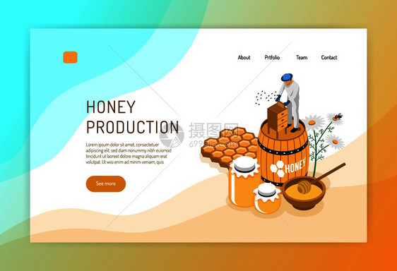 蜂蜜生产等距的网页与养蜂人工作期间的彩色背景矢量插图图片