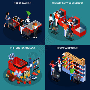 商店技术2x2理念与机器人顾问机器人收银员自助结账广场图标等距矢量插图图片
